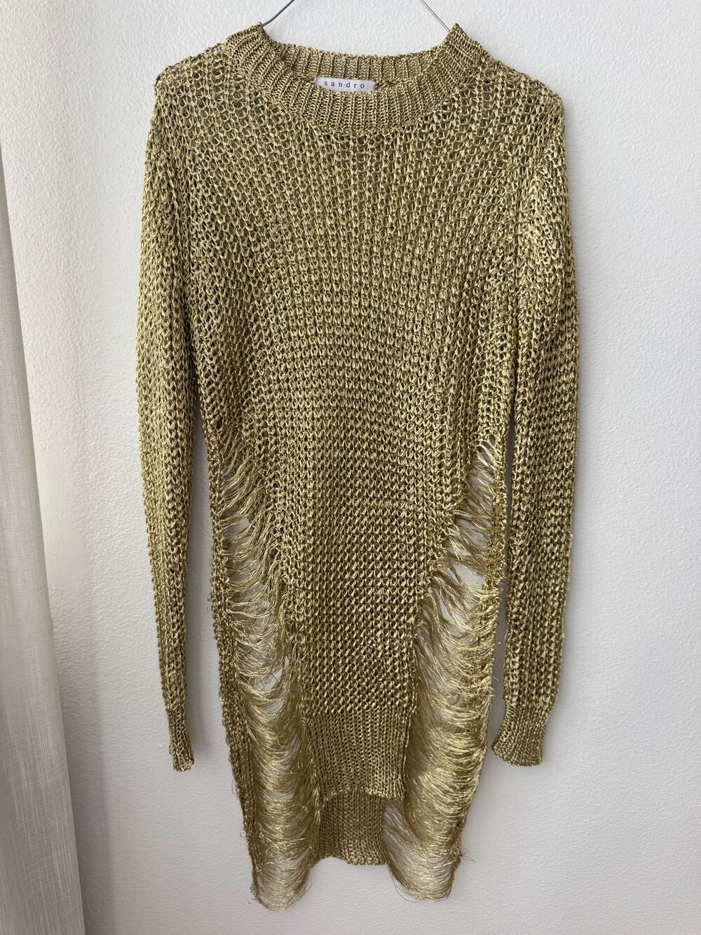 Sandro Distressed Gold Long Sleeve Shirt Dress
